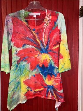 Leoma Lovegrove Red Floral Hibiscus Asymmetrical Tunic S